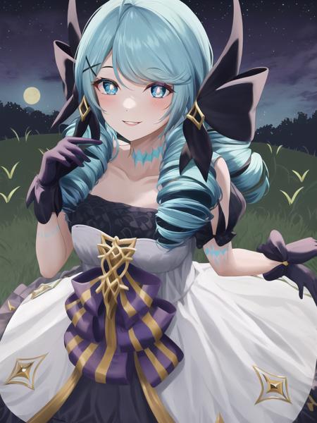 09359-2933193805-sky, grass, field, night, 1girl, absurdres, black bow, black gloves, black legwear, blue eyes, blue hair, bow, collarbone, dress.png